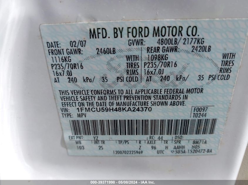 2008 Ford Escape Hybrid VIN: 1FMCU59H48KA24370 Lot: 39371998