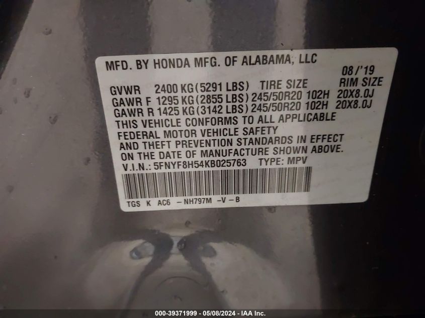 2019 Honda Passport Ex-L VIN: 5FNYF8H54KB025763 Lot: 39371999