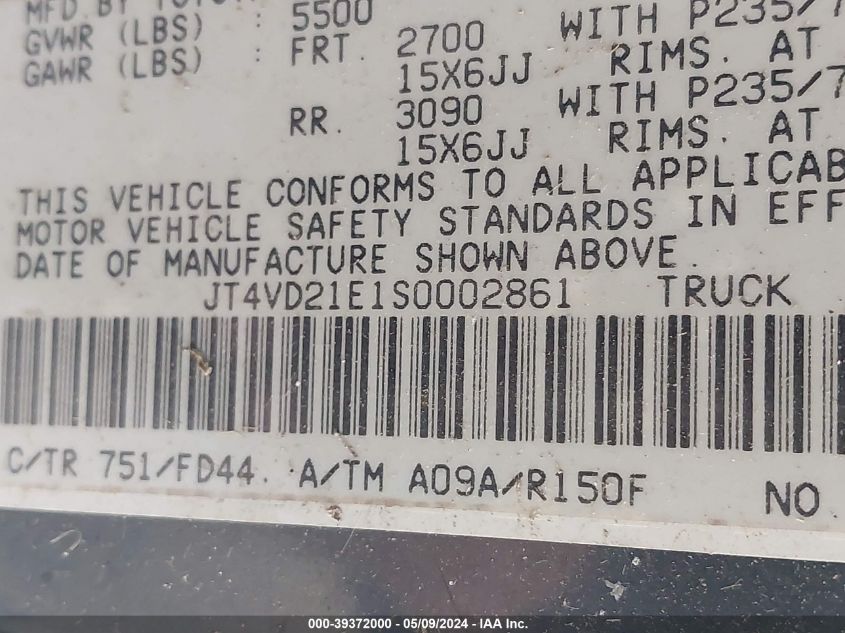 1995 Toyota T100 Dx VIN: JT4VD21E1S0002861 Lot: 39372000