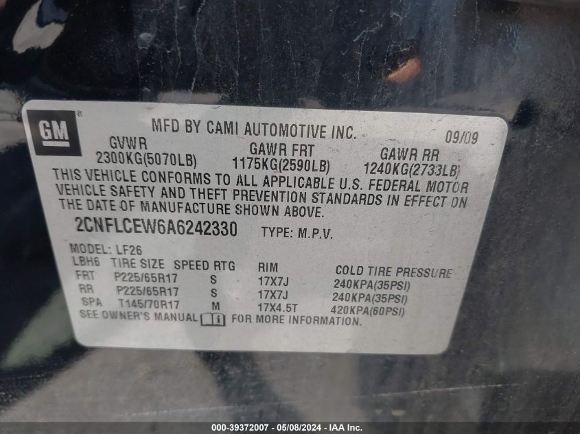 2010 Chevrolet Equinox Ls VIN: 2CNFLCEW6A6242330 Lot: 39372007