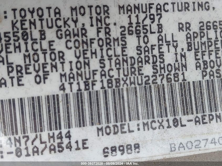 1998 Toyota Avalon Xl VIN: 4T1BF18BXWU227681 Lot: 39372028