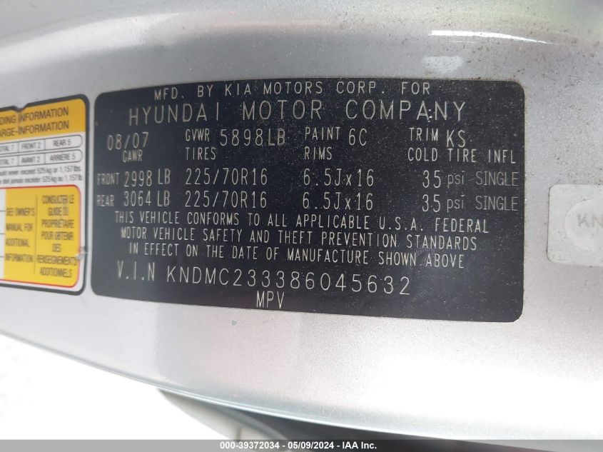 2008 Hyundai Entourage Gls/Limited VIN: KNDMC233386045632 Lot: 39372034