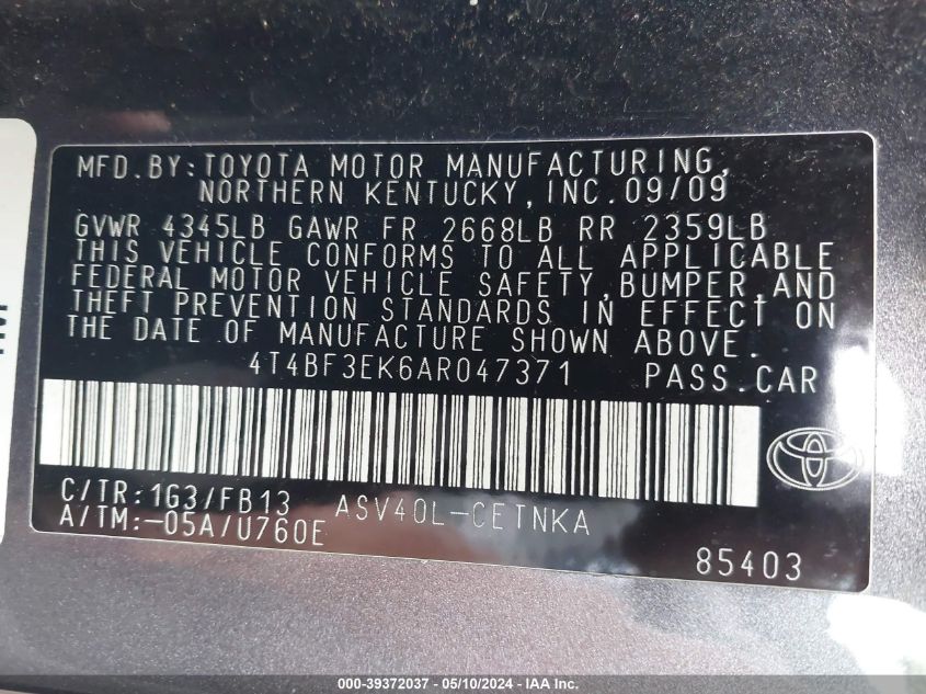 2010 Toyota Camry Le VIN: 4T4BF3EK6AR047371 Lot: 39372037