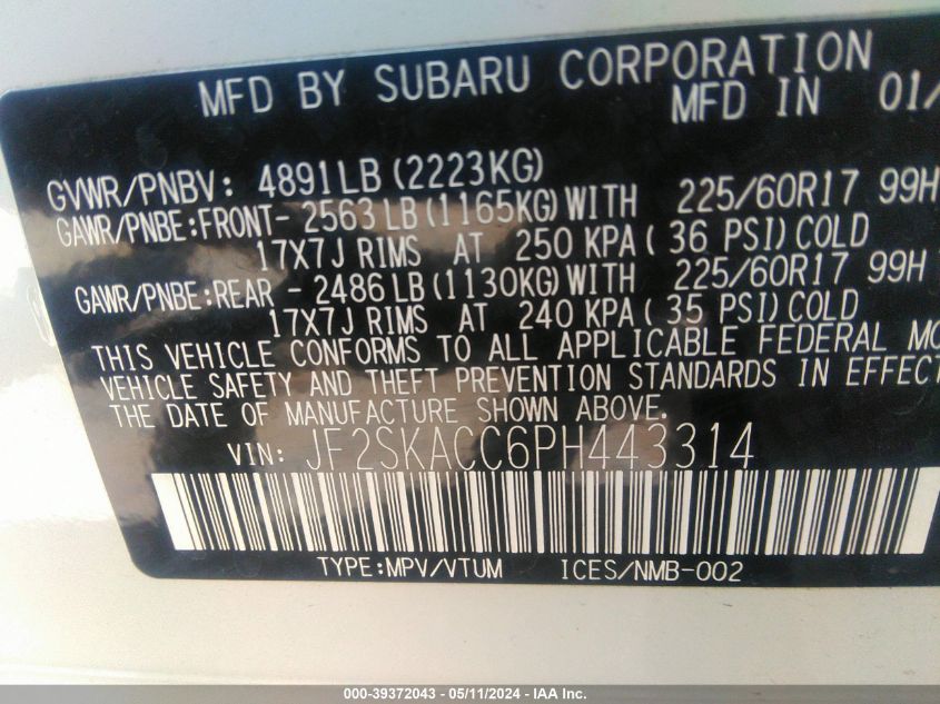 2023 Subaru Forester VIN: JF2SKACC6PH443314 Lot: 39372043