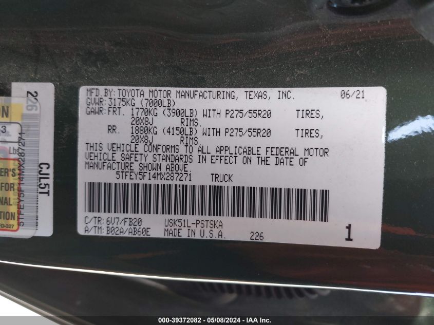 2021 Toyota Tundra Sr5 VIN: 5TFEY5F14MX287271 Lot: 39372082