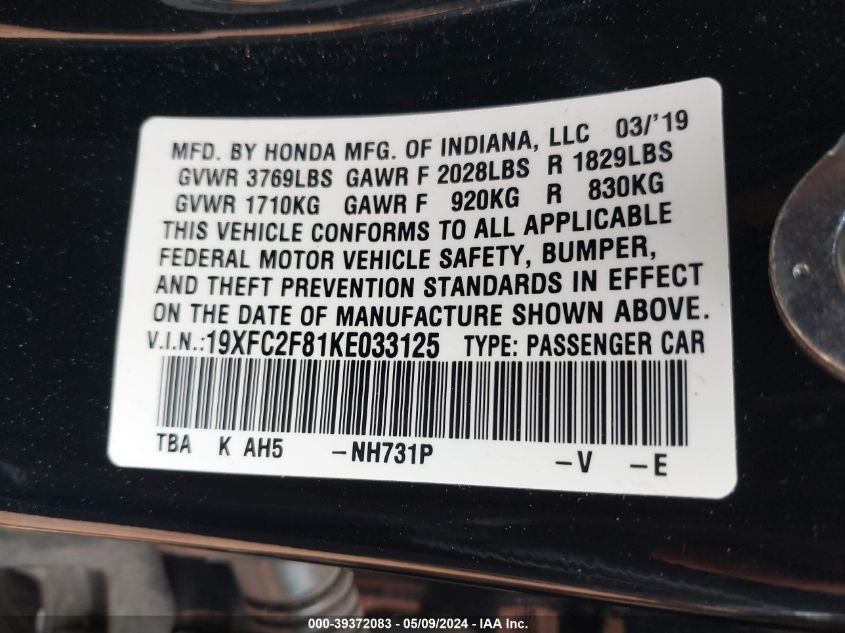 2019 Honda Civic Sport VIN: 19XFC2F81KE033125 Lot: 39372083