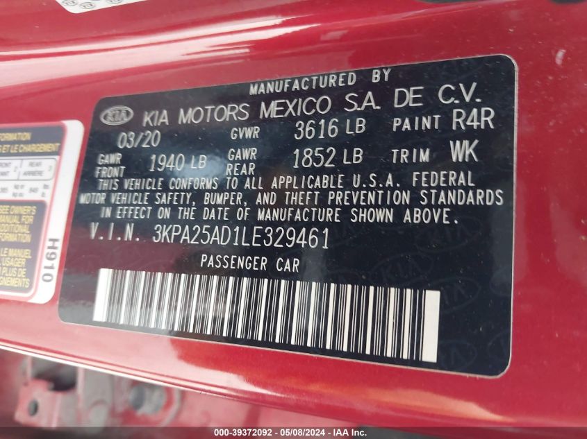 2020 Kia Rio 5-Door S VIN: 3KPA25AD1LE329461 Lot: 39372092