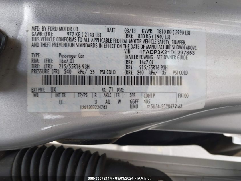 2013 Ford Focus Se VIN: 1FADP3K21DL297853 Lot: 39372114