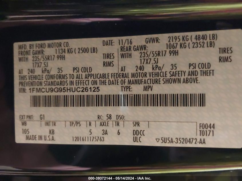 2017 Ford Escape Se VIN: 1FMCU9G95HUC26125 Lot: 39372144