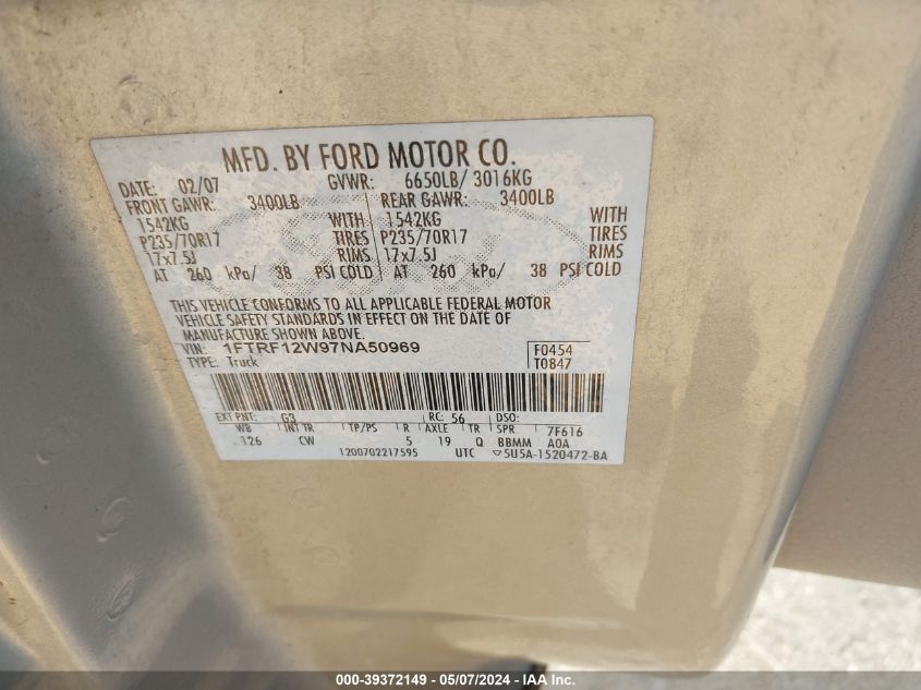 1FTRF12W97NA50969 | 2007 FORD F-150