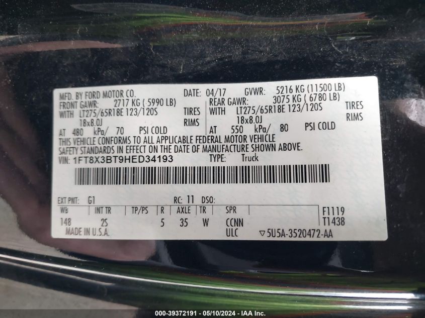 2017 Ford F-350 Xlt VIN: 1FT8X3BT9HED34193 Lot: 39372191