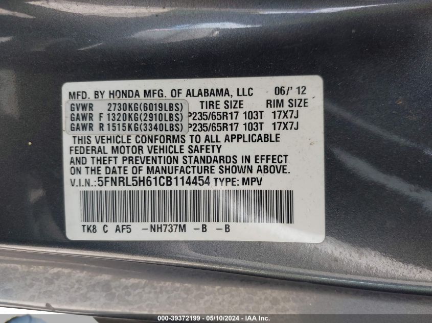 2012 Honda Odyssey Ex-L VIN: 5FNRL5H61CB114454 Lot: 39372199
