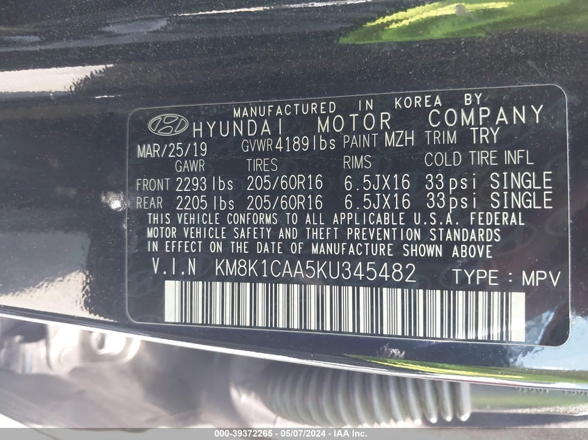 2019 HYUNDAI KONA SE - KM8K1CAA5KU345482