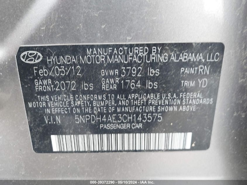 2012 Hyundai Elantra Gls VIN: 5NPDH4AE3CH143575 Lot: 39372290