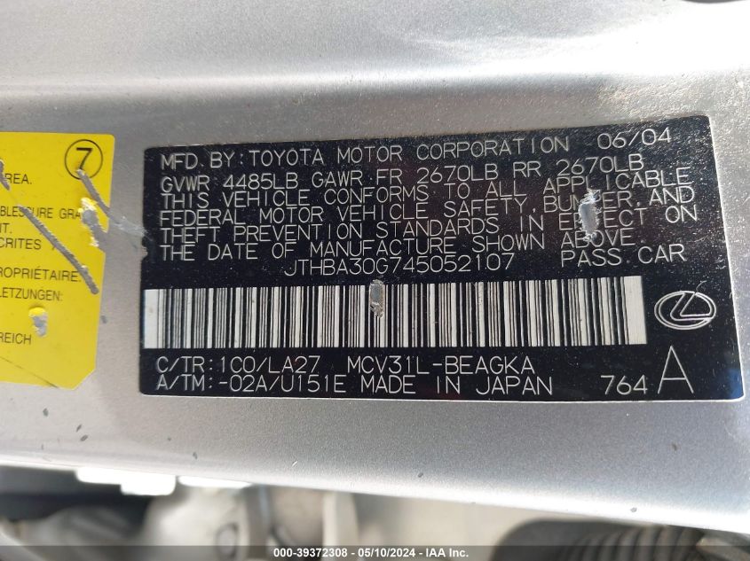 2004 Lexus Es 330 VIN: JTHBA30G745052107 Lot: 39372308