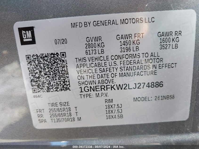 VIN 1GNERFKW2LJ274886 2020 CHEVROLET TRAVERSE LS