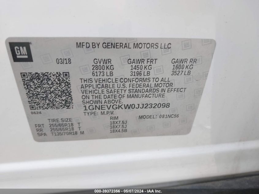 2018 CHEVROLET TRAVERSE 1LT - 1GNEVGKW0JJ232098