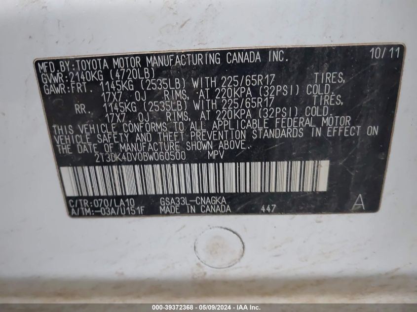 2011 Toyota Rav4 Limited V6 VIN: 2T3DK4DV0BW060500 Lot: 39372368