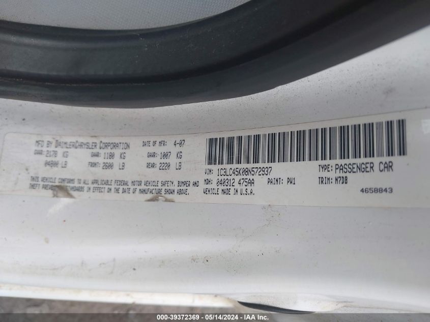 2008 Chrysler Sebring VIN: 1C3LC45K08N572937 Lot: 39372369