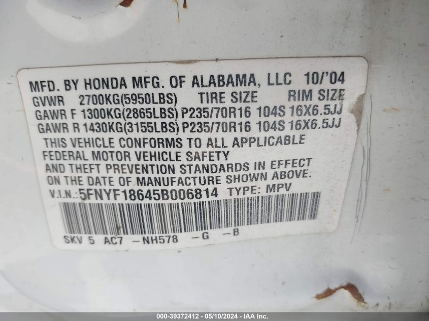 2005 Honda Pilot Ex-L VIN: 5FNYF18645B006814 Lot: 39372412