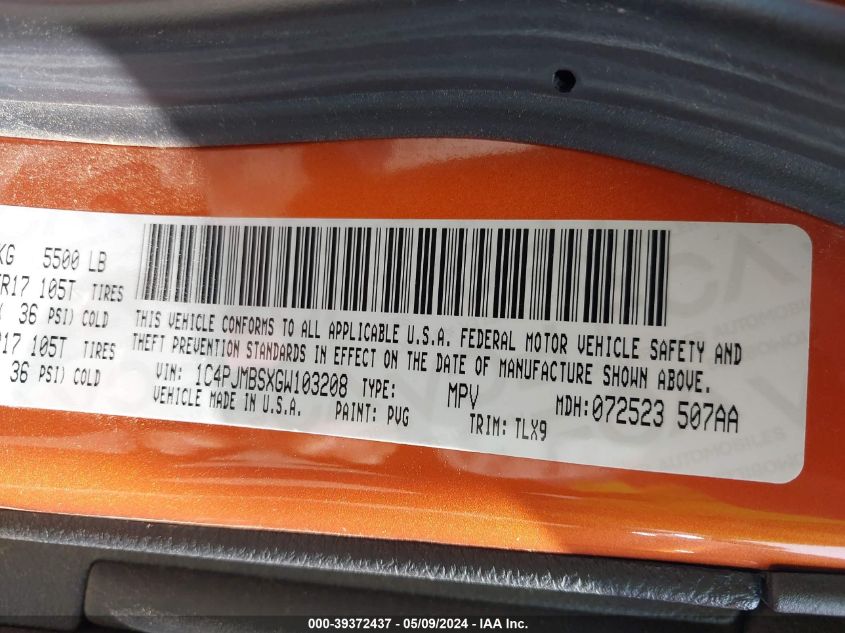 2016 Jeep Cherokee Trailhawk VIN: 1C4PJMBSXGW103208 Lot: 39372437