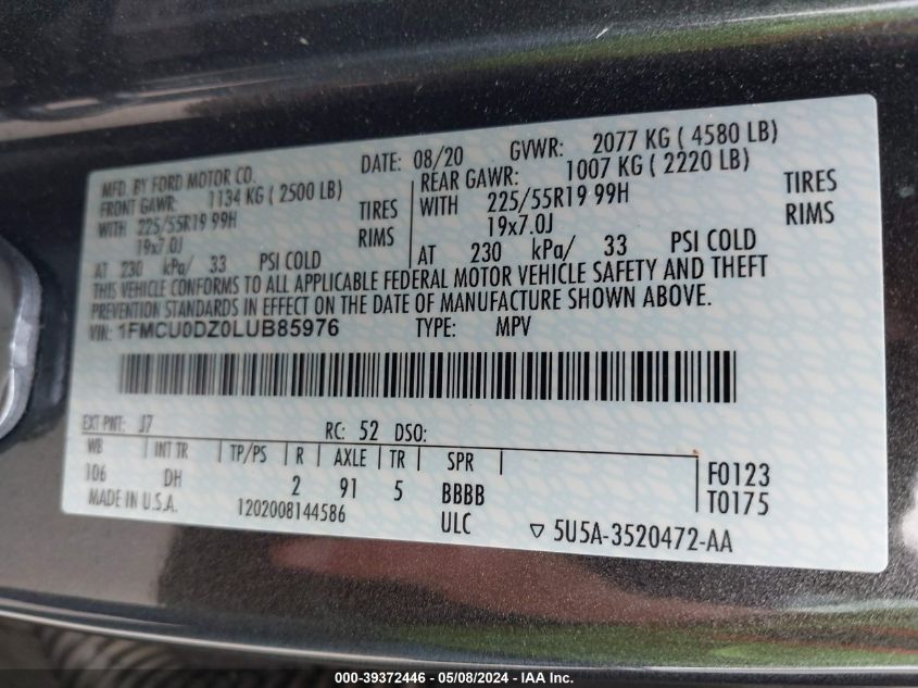 2020 Ford Escape Titanium Hybrid VIN: 1FMCU0DZ0LUB85976 Lot: 39372446