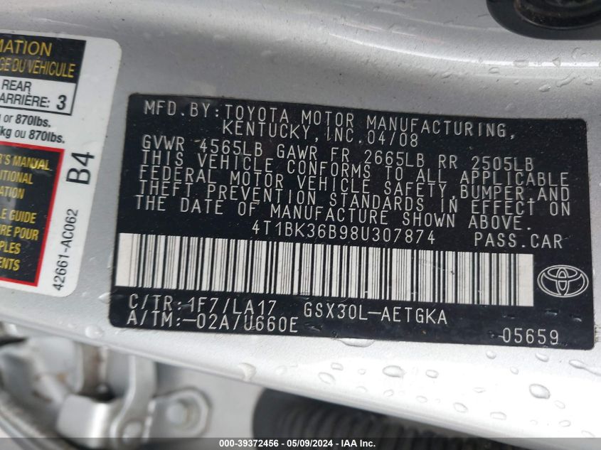 2008 Toyota Avalon Limited/Touring/Xl/Xls VIN: 4T1BK36B98U307874 Lot: 39372456