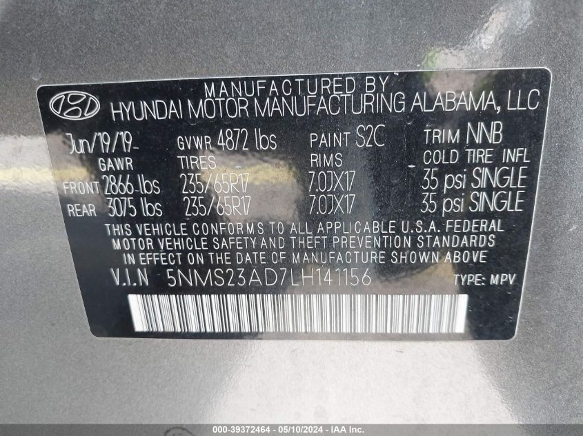 2020 Hyundai Santa Fe Se VIN: 5NMS23AD7LH141156 Lot: 39372464