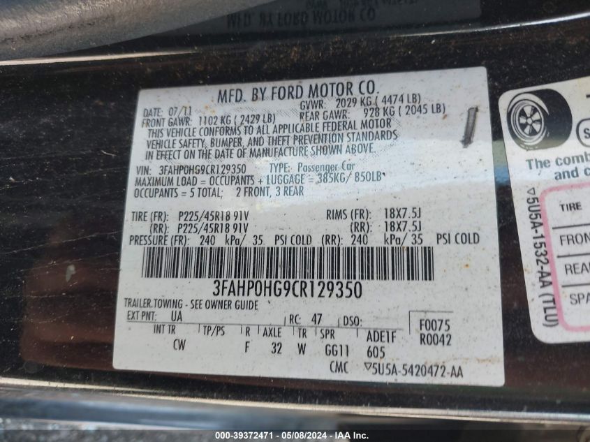 2012 Ford Fusion Se VIN: 3FAHP0HG9CR129350 Lot: 39372471