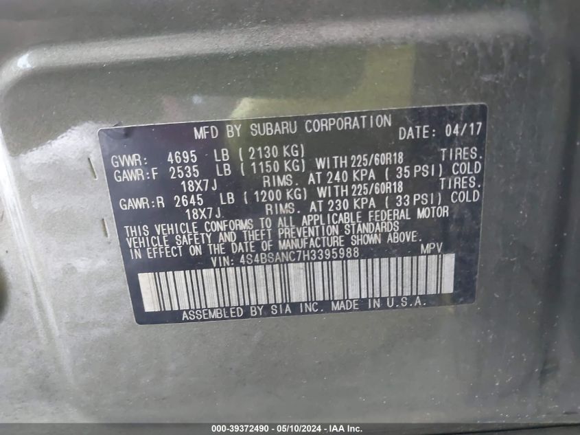 2017 Subaru Outback 2.5I Limited VIN: 4S4BSANC7H3395988 Lot: 39372490