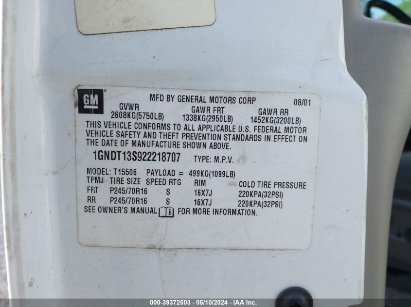 2002 Chevrolet Trailblazer Lt VIN: 1GNDT13S922218707 Lot: 39372503
