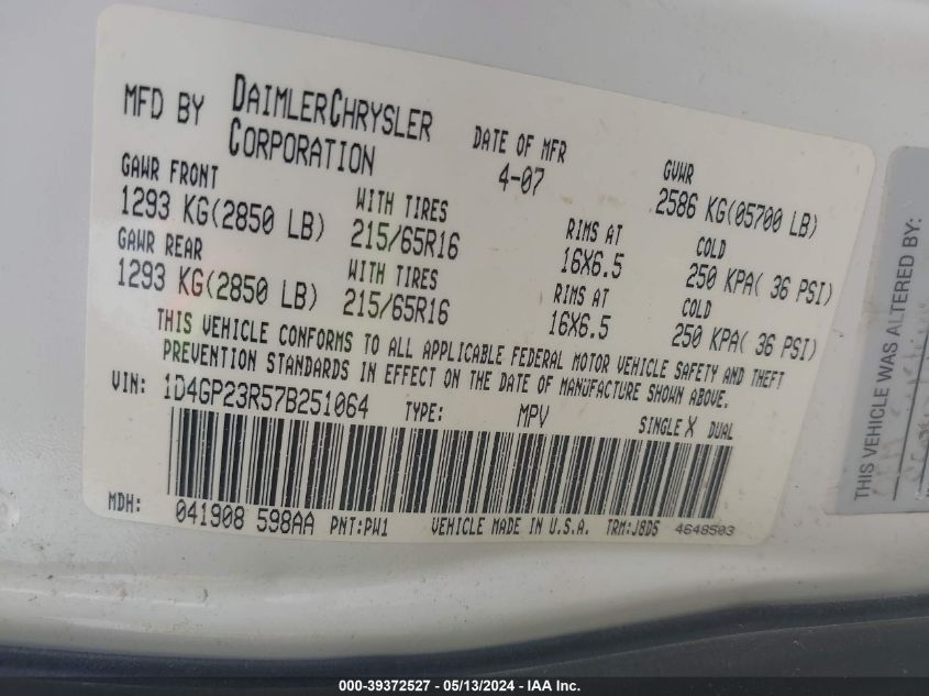 2007 Dodge Grand Caravan Cv VIN: 1D4GP23R57B251064 Lot: 39372527