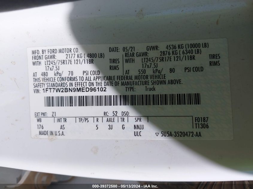 2021 FORD F-250 XL - 1FT7W2BN9MED96102