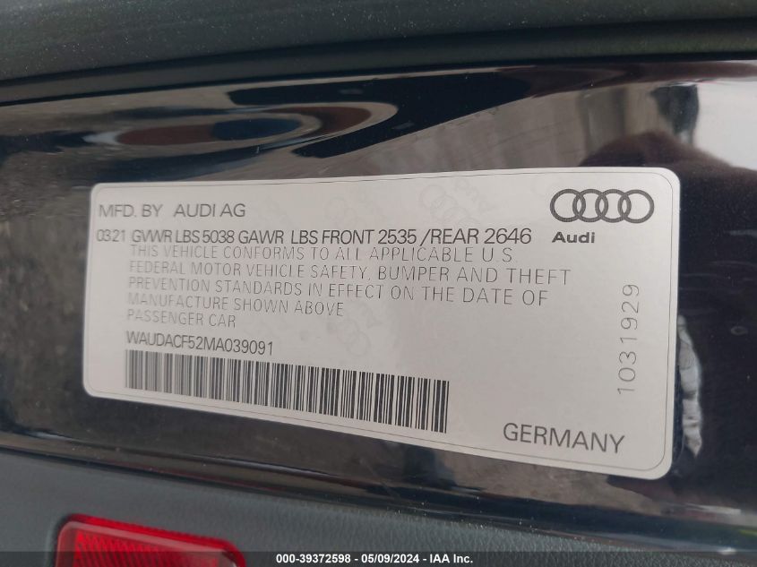 2021 Audi A5 Sportback Premium 45 Tfsi Quattro S Tronic VIN: WAUDACF52MA039091 Lot: 39372598