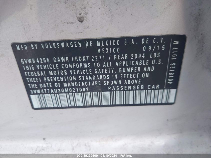 2016 Volkswagen Golf Gti S 4-Door VIN: 3VW4T7AU3GM021092 Lot: 39372600