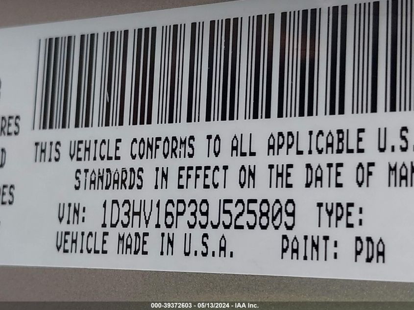 2009 Dodge Ram 1500 VIN: 1D3HV16P39J525809 Lot: 39372603