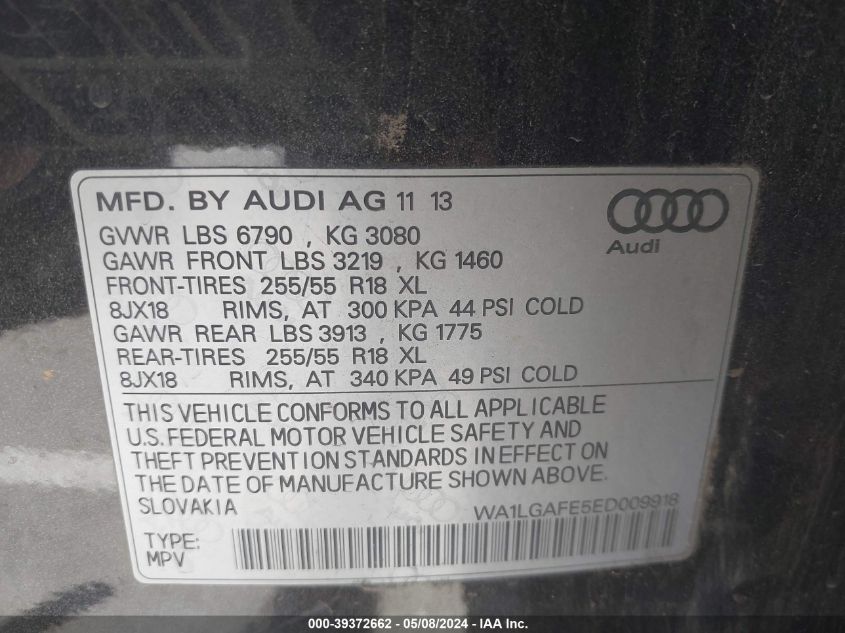 2014 Audi Q7 3.0T Premium VIN: WA1LGAFE5ED009918 Lot: 39372662