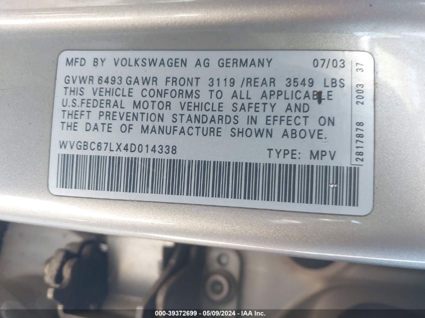 2004 Volkswagen Touareg V6 VIN: WVGBC67LX4D014338 Lot: 39372699