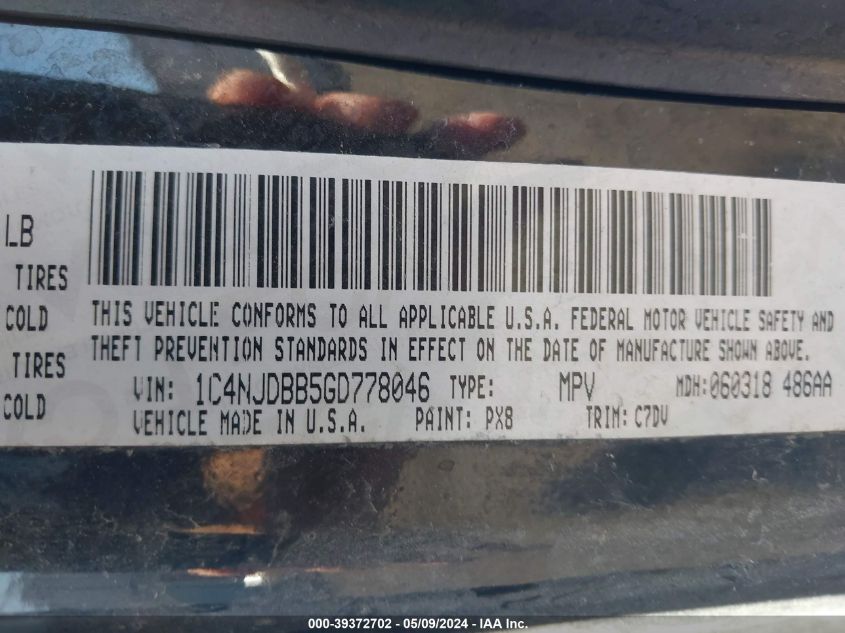 2016 Jeep Compass Sport VIN: 1C4NJDBB5GD778046 Lot: 39372702