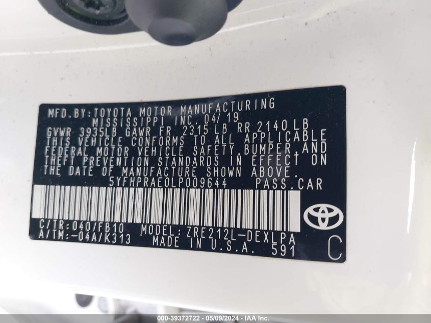 2020 TOYOTA COROLLA LE - 5YFHPRAE0LP009644