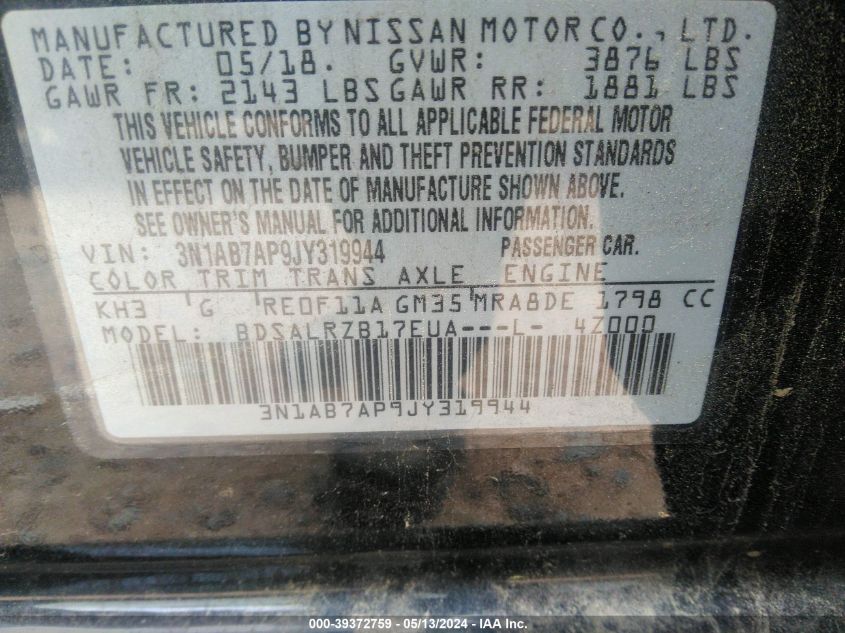 2018 Nissan Sentra Sr VIN: 3N1AB7AP9JY319944 Lot: 39372759