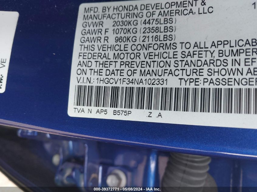 2022 Honda Accord Sport VIN: 1HGCV1F34NA102331 Lot: 39372771