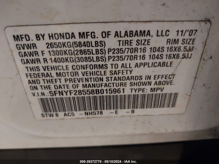 2008 Honda Pilot Ex-L VIN: 5FNYF28558B015961 Lot: 39372778