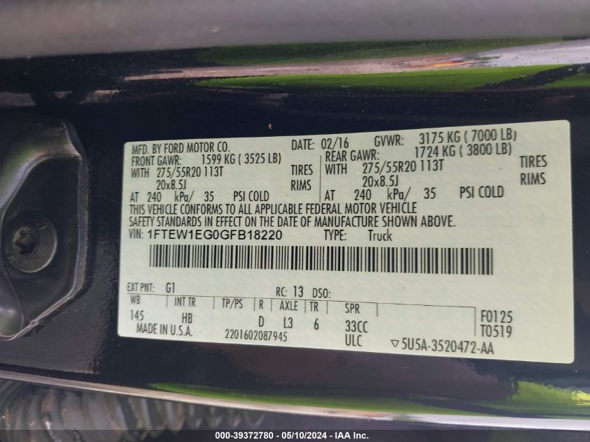 2016 Ford F-150 Lariat VIN: 1FTEW1EG0GFB18220 Lot: 39372780
