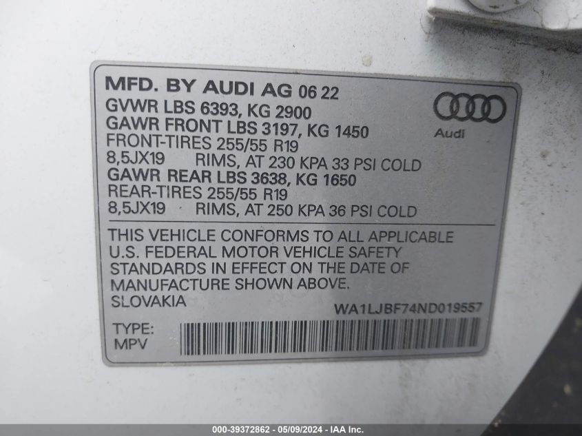 2022 Audi Q7 Premium Plus 45 Tfsi Quattro Tiptronic VIN: WA1LJBF74ND019557 Lot: 39372862