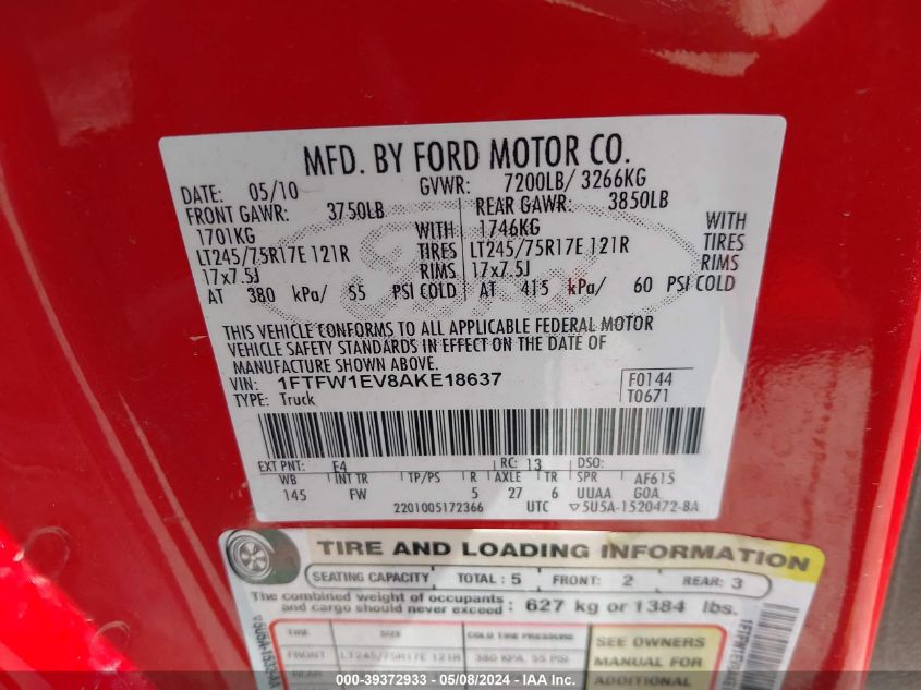 2010 Ford F-150 Fx4/Harley-Davidson/King Ranch/Lariat/Platinum/Xl/Xlt VIN: 1FTFW1EV8AKE18637 Lot: 39372933