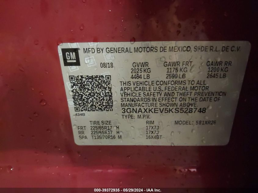 2019 Chevrolet Equinox Lt VIN: 3GNAXKEV5KS528748 Lot: 39372935