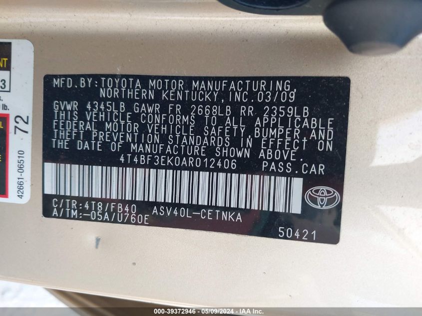 2010 Toyota Camry Le VIN: 4T4BF3EK0AR012406 Lot: 39372946