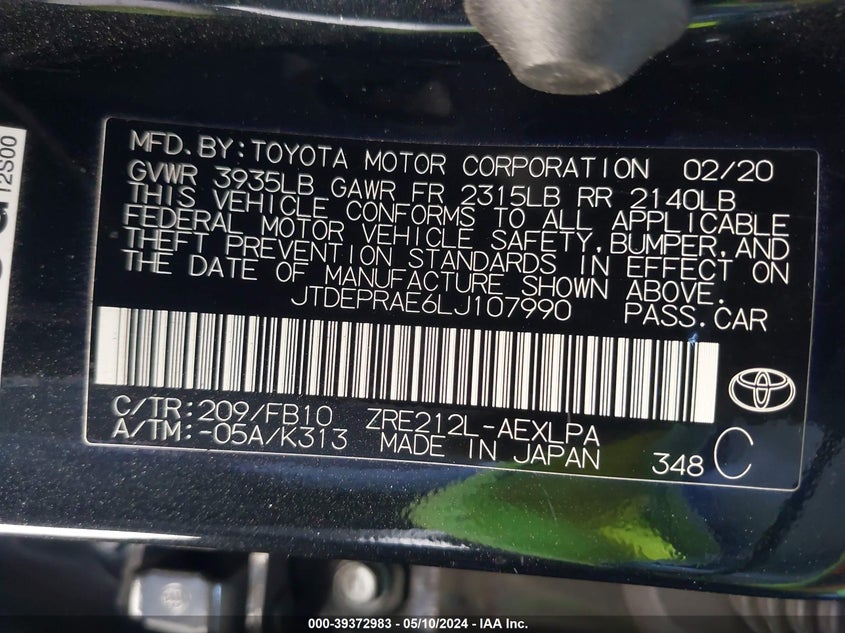 VIN JTDEPRAE6LJ107990 2020 TOYOTA COROLLA LE