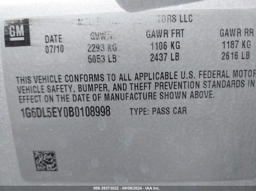 2011 Cadillac Cts Performance VIN: 1G6DL5EY0B0108998 Lot: 39373022